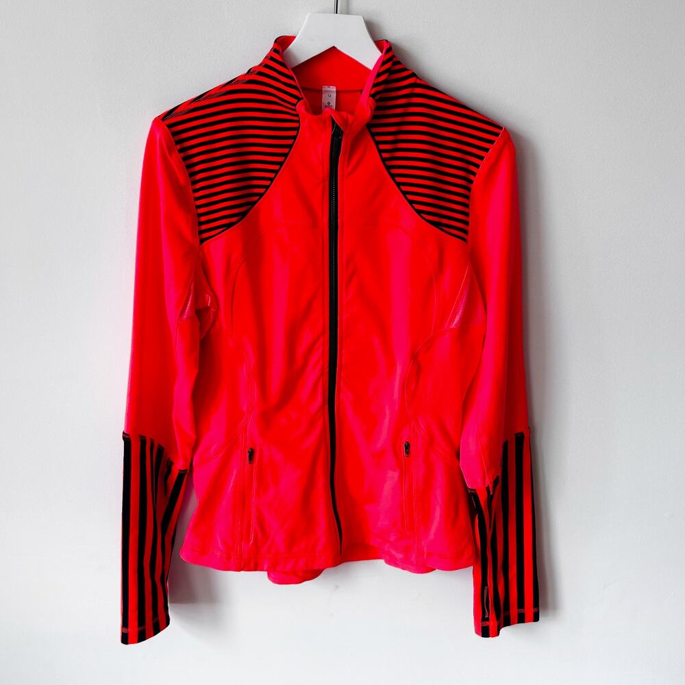 Lululemon Forme Classic Jacket Size 12 Flare Orange Black Stripe Full Zip Pocket
